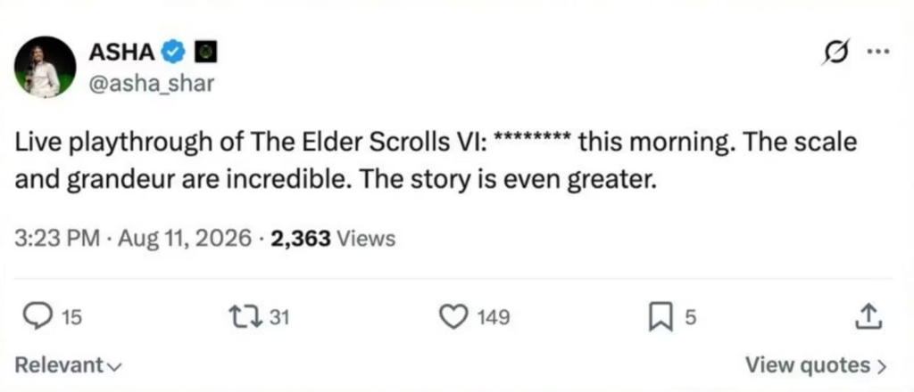Восемь звёздочек вместо подзаголовка: глава Xbox видела «живое прохождение» The Elder Scrolls VI Появились признаки жизни у следующей The Elder Scrolls. Аша Шарма, генеральный директор Xbox, написала в X, что видела «живое прохождение» игры, и заодно, судя по всему, поддразнила фанатов подзаголовком.
